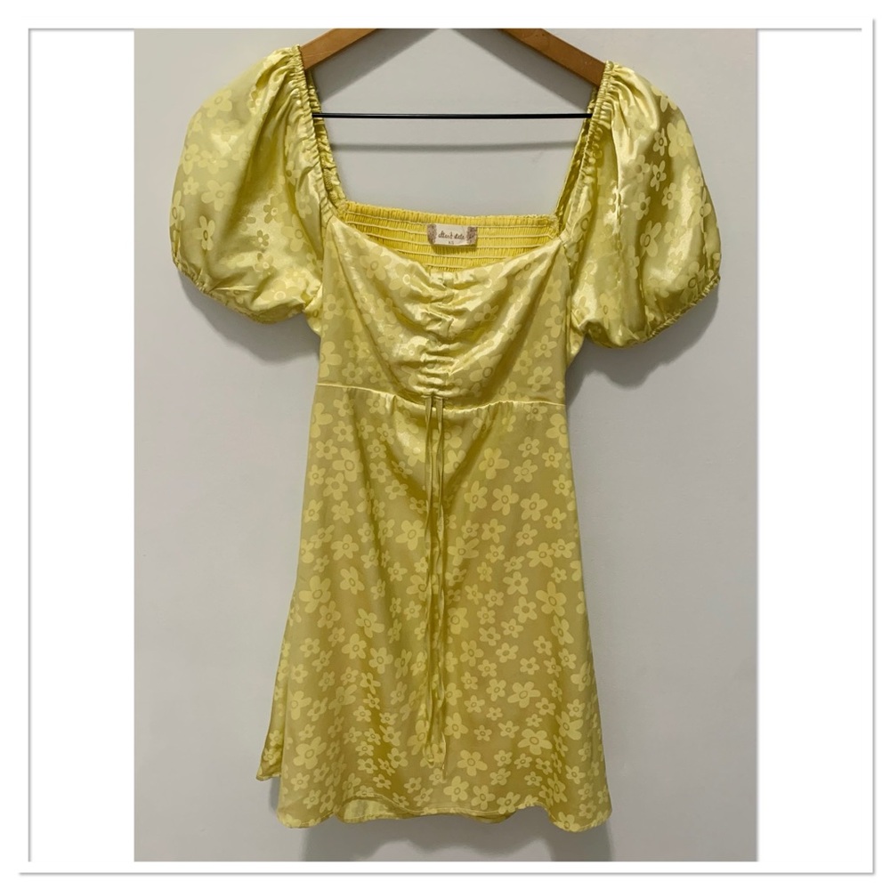 Altar'd State Yellow Floral Satin Puff Sleeve Mini Dress Size XS